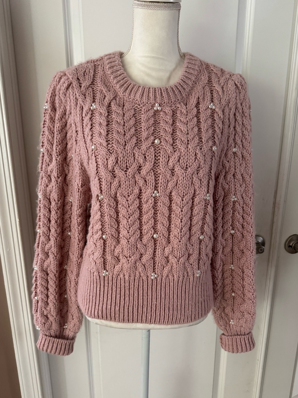 House of Harlow 1960 Pearl Embellished Cable Knit Crewneck Sweater. Size L
